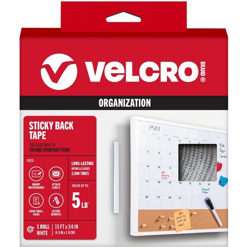 Velcro Industries Hook and Loop Tape Roll, Sticky Back, 3/4"x15', White