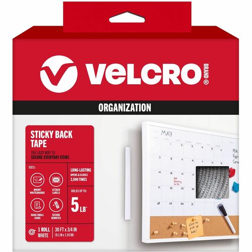 Velcro Industries Hook and Loop Tape Roll, Sticky Back, 3/4"x30', White