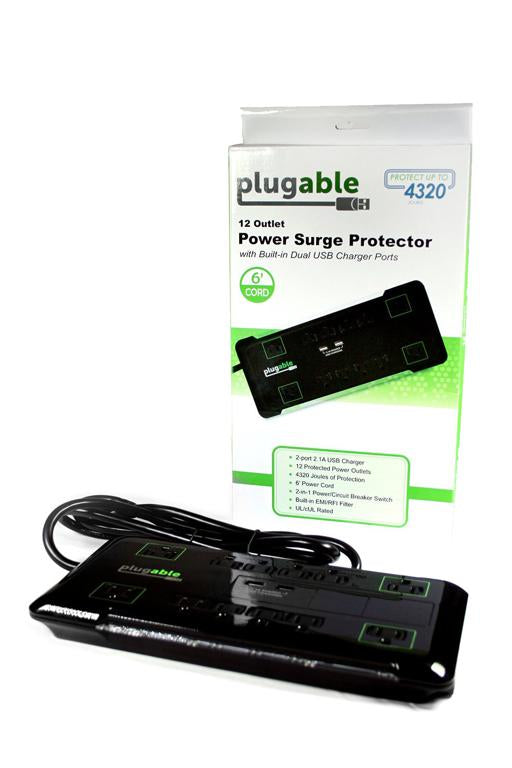 Plugable Technologies PS12-USB2B surge protector Black 12 AC outlet(s) 120 V 74.4" (1.89 m)