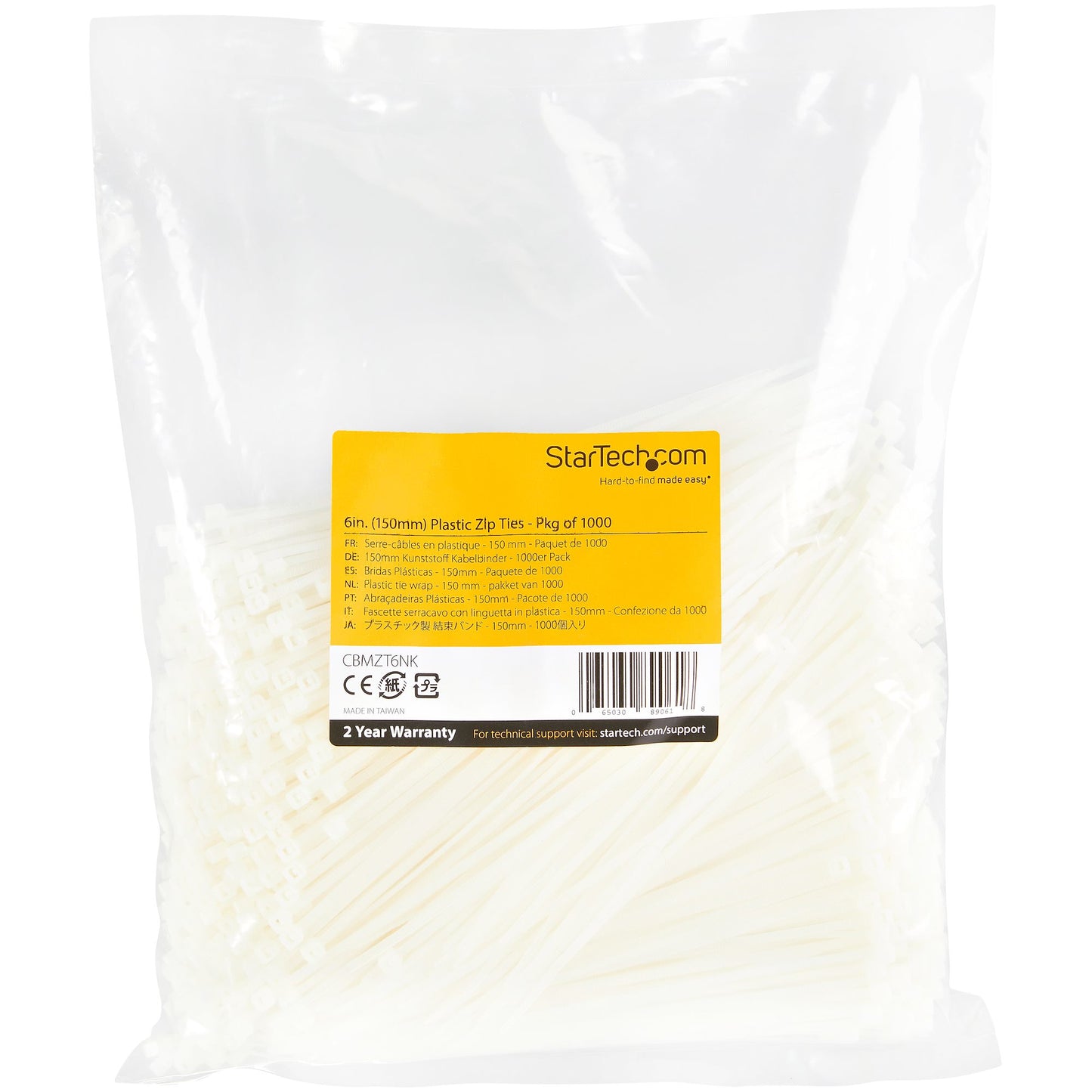 StarTech.com CBMZT6NK cable tie Releasable cable tie Nylon, Plastic White 1000 pc(s)