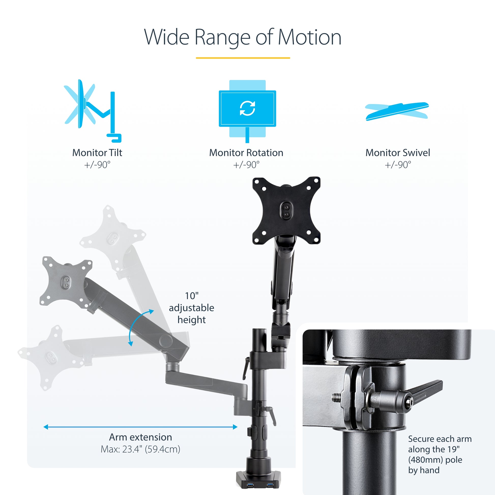 StarTech.com ARMPIVOT2USB3 monitor mount / stand 34" Desk Black