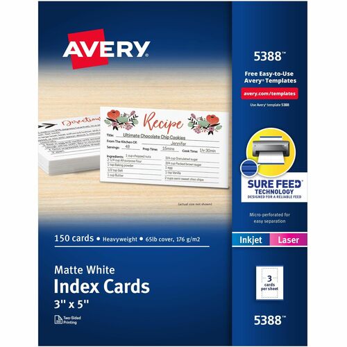Avery  Laser/Inkjet Index Cards, Perforated, 3"x5", 150/BX, White