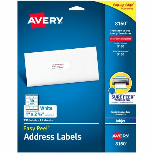 Avery  Inkjet Labels, Mailing, 1"x2-5/8", 750/PK, White