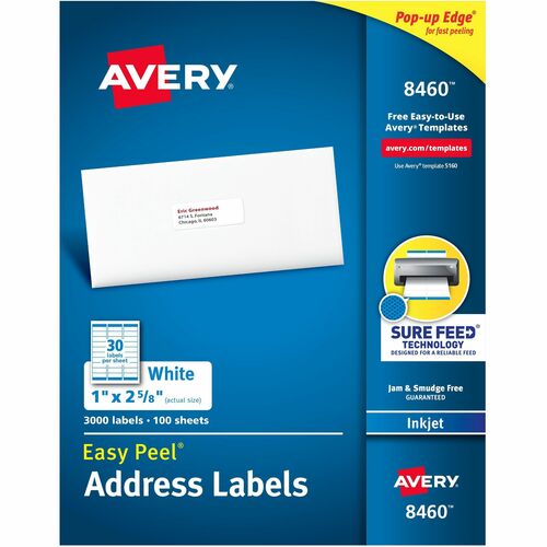 Avery  Inkjet Labels, Mailing, 1"x2-5/8",3000/BX, White