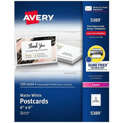 Avery  Laser Postcards, Perforated, 4"x6", 100/BX, White