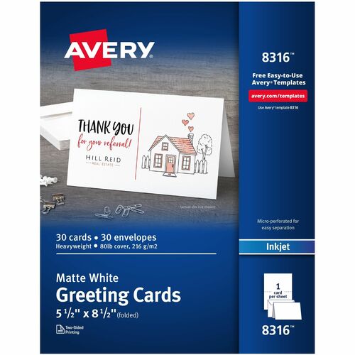 Avery  Greeting Cards,Inkjet,1/2-fold, 8-1/2"x5-1/2",30/BX,Matte WE