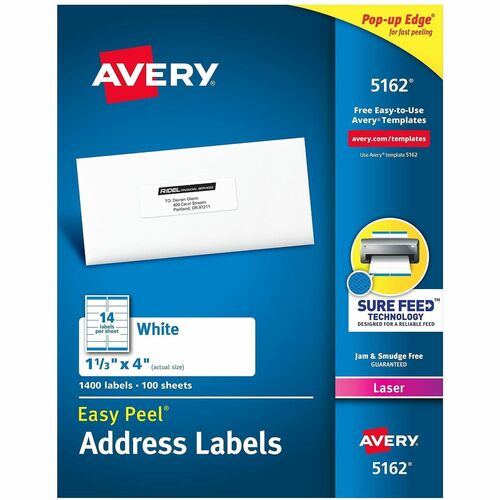 Avery  Laser Labels, Mailing,1-1/3"x4", 1400/BX, White