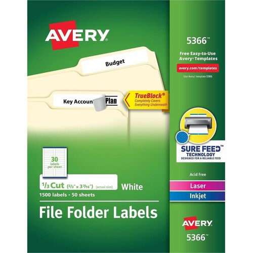 Avery  Labels, Filing, TrueBlock, 1/3 Cut, 1500/BX, White