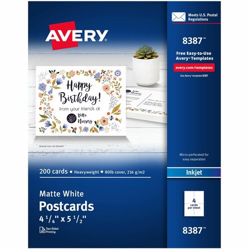 Avery  Inkjet Postcard,Perforated,5-1/2"x4-1/4",200/BX,Matte,WE