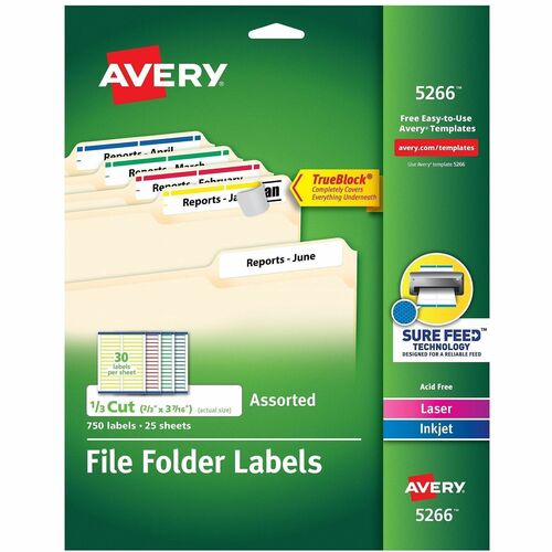 Avery  Labels, Filing, TrueBlock, 1/3 Cut, 750/PK, RD/BE/GN/YW