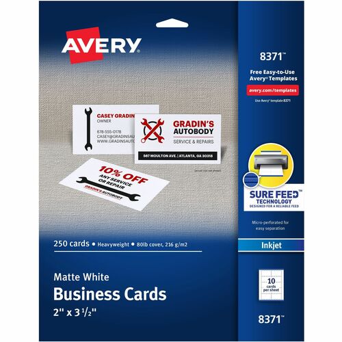 Avery  Business Cards, Inkjet, 2"x3-1/2", 250/PK, Matte White