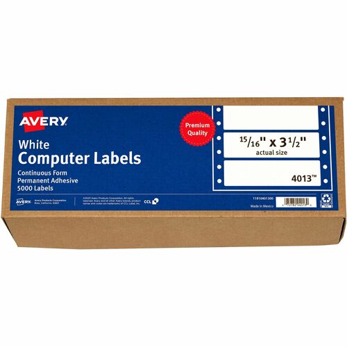 Avery  Labels, Pin-Fed, 1 Across, 15/16"x3-1/2", 5000/BX, White