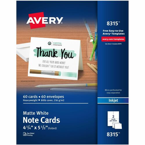 Avery  Note Cards,Inkjet,Envelopes, 4-1/4"x5-1/2", 60/BX, Matte WE