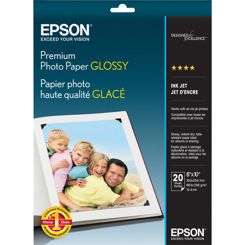 Epson  Premium Photo Paper, Glossy, 8"x10", 20/PK, White-EPSS041465