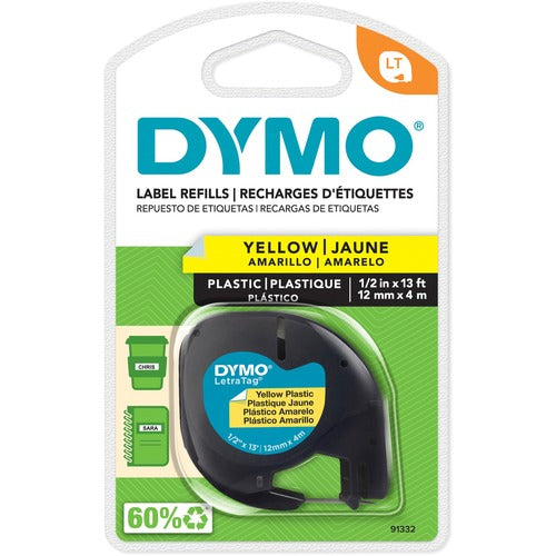 Dymo  LetraTag Tape, 1/2"x13', Plastic, Hyper Yellow-DYM91332