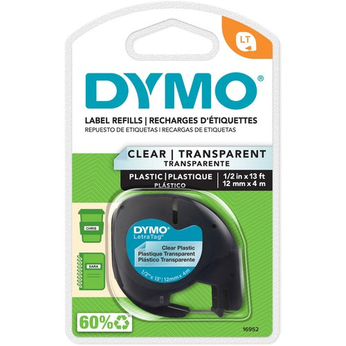 Dymo  Letra Tag Labelmaker Tapes, 1/2"x13', Black on Clear-DYM16952