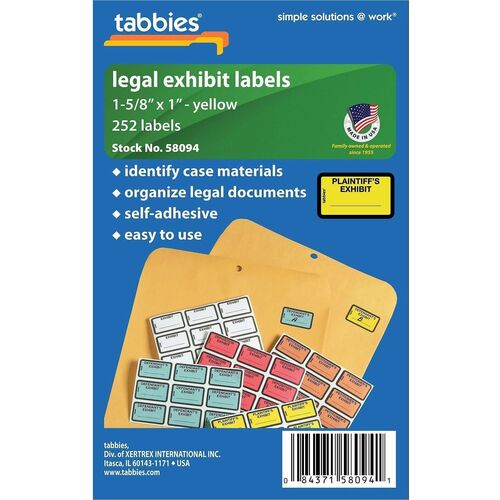 Tabbies  Legal Exhibit Labels, "Plaintiff's", 1-5/8"x1",252/PK,Yellow