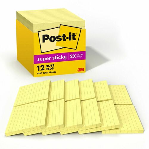 3M  Super Sticky Pads,Lined,4"x4",90 Sht/PD,12/PK,Canary