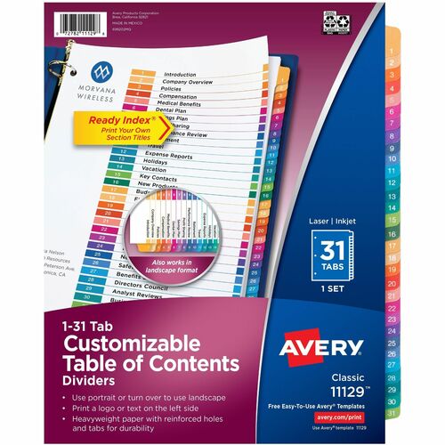 Avery  Index Dividers,T/Contents,1-31 Tab,3HP,8-1/2"x11",1 ST,Multi