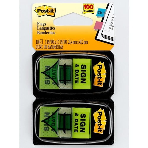 3M  "Sign and Date" Message Flag, 1"x1-3/4", 100/PK, Green