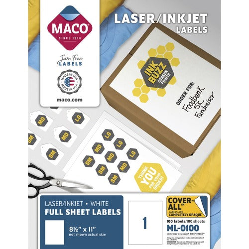 Maco  Return Address Labels, 8-1/2"x11", 100/BX, White