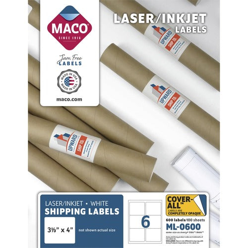 Maco  Shipping Labels, 3-1/3"x4", 600/BX, White