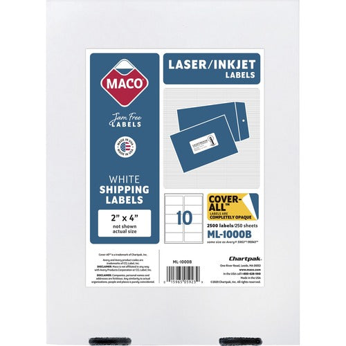 Maco  Shipping Labels, 2"x4", 2500/BX, White