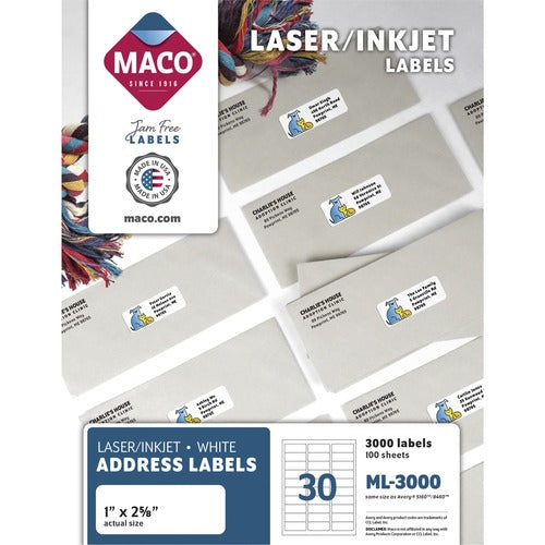 Maco  Address Labels, 1"x2-5/8", 3000/BX White