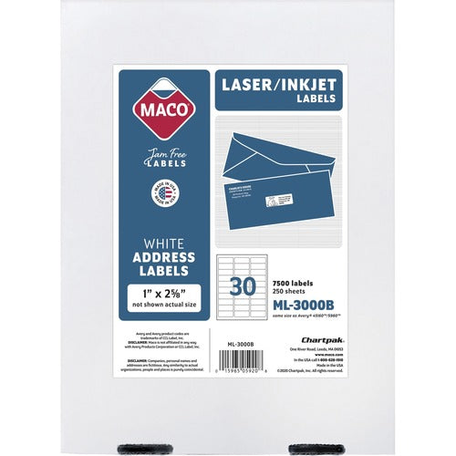 Maco  Address Labels, 1"x2-5/8", 7500/BX, White