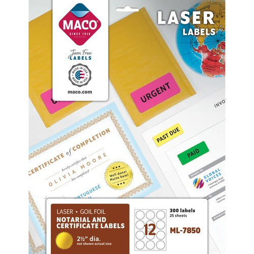 Maco  Laser Foil Seals, 2-1/2" Diameter, 300/PK, Gold