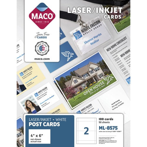 Maco  Laser and Ink Jet Post Cards, 2 Up, 6"x4", 100/BX, White