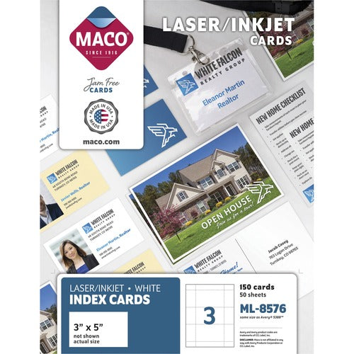 Maco  Laser / Inkjet Index Cards, 5"x3", 150/BX, White