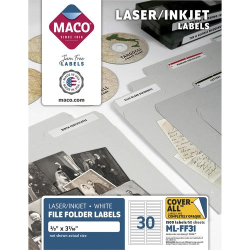 Maco  File Folder Labels, 2/3"x3-7/16", 1500/BX, White
