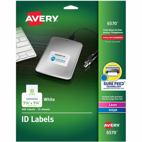 Avery  Perm ID Labels, 1-1/4"x1-3/4", 480/PK, White