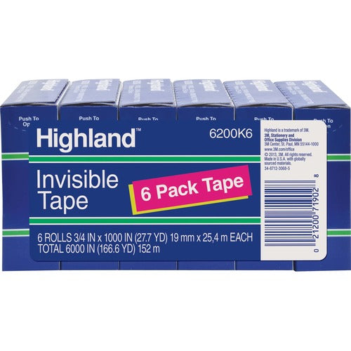 3M  Invisible Tape, 1" Core, 3/4"x1000", 6/PK, Clear