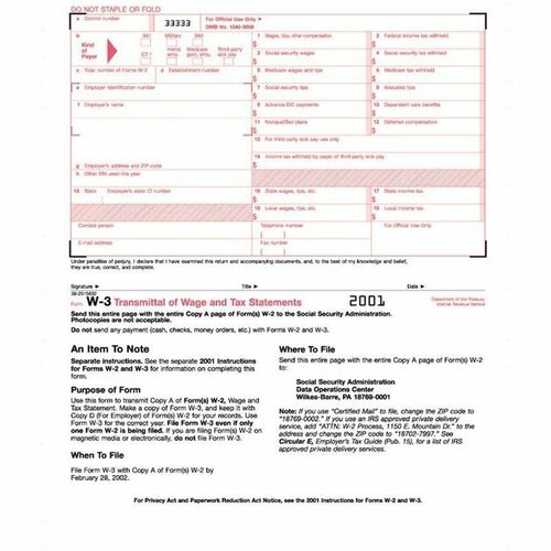 Tops  W-3 Tax Form, 2-Pt Form With Carbons, 10/PK