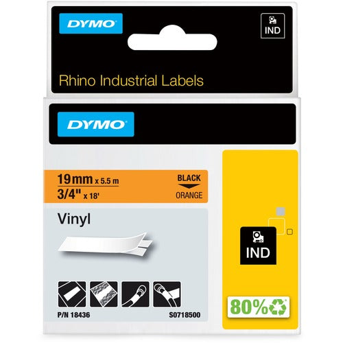 Dymo  Vinyl Labels, 3/4"x18ft, Black/Orange-DYM18436