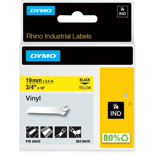 Dymo  Vinyl Labels, 3/4"x18ft, Black/Yellow-DYM18433