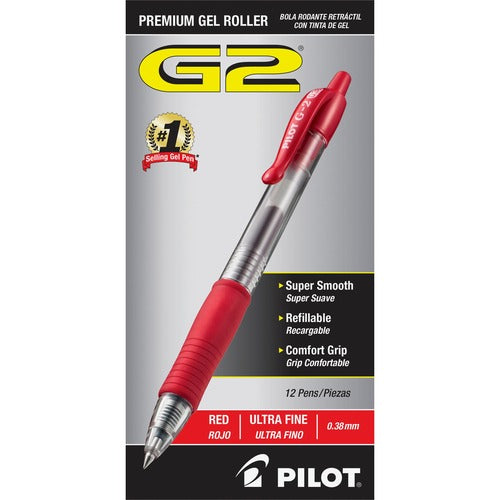 Pilot  Retractable Pens, Ultra Fine,1 DZ, Clear Barrel/Red Ink