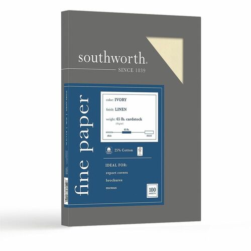 Southworth  Linen Cover Stock, 65lb,100 SH/BX, 8-1/2"x11", 100/BX, Ivory