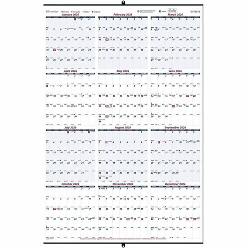 Rediform  Wall Calendar, Yearly, Jan-Dec, 24"x36", White