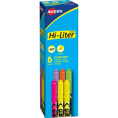 Avery  Highlighters, Pen Style, Smear Safe, Chisel Point, 6/PK, AST