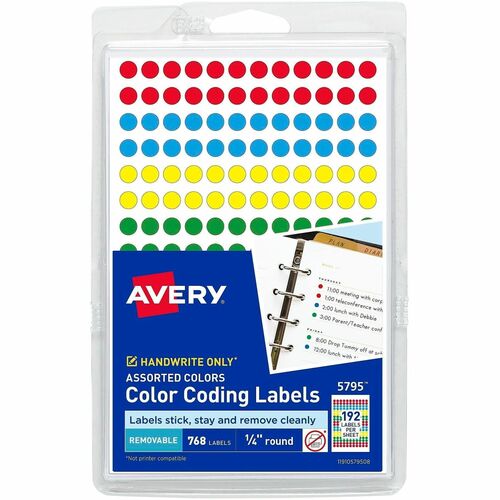 Avery  Labels, Color-Coding, Removable, 1/4" Dia, 768/PK, AST