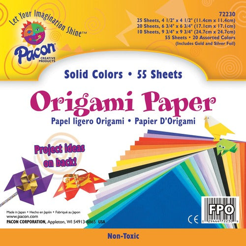 Pacon  Origami Paper, 30lbs, 9-3/4"x9-3/4", 55Shts/PK, Ast/Bright