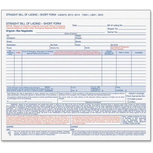 Tops  Bill of Lading, 3-Pt, Carbonless, 250/BX, 8-1/2"x7-5/8", WE