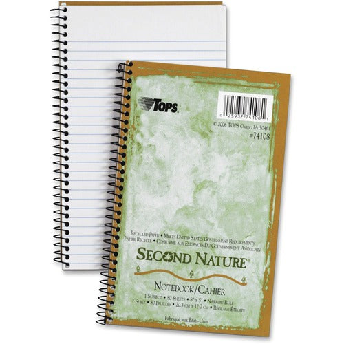 Tops  Second Nature Notebook,1-Sub,8"x5",Narrow Rule,80/SH,WE