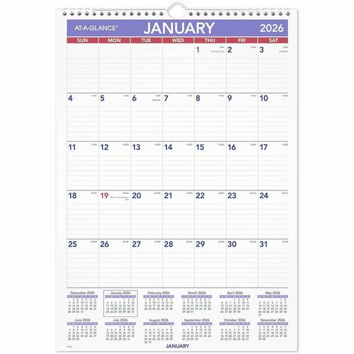 AT-A-GLANCE  Wall Calendar,Monthly,1PPM,Jan-Dec,12"x17" Pg Sz,White