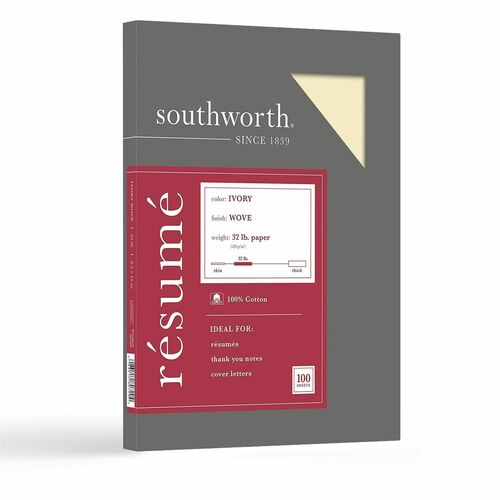 Southworth  Resume Paper, Wove, 32 lb, 8-1/2"x11", 100/BX, Ivory