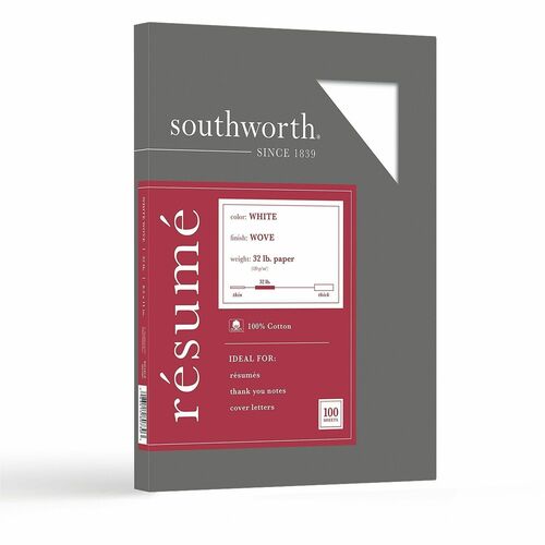 Southworth  Resume Paper, Wove 32 lb, 8-1/2"x11", 100/BX, White
