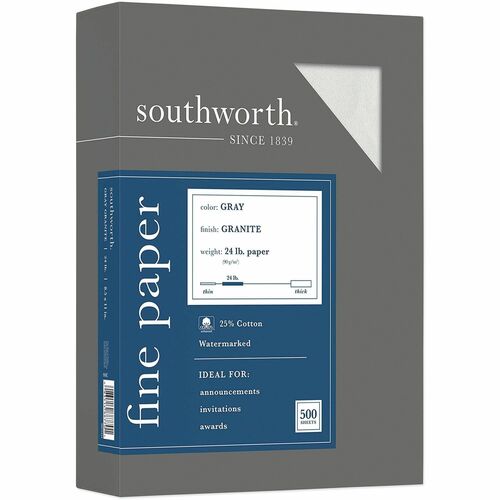 Southworth  Granite Paper, 24lb, 8-1/2"x11", 25% Cotton, 500/BX, Gray